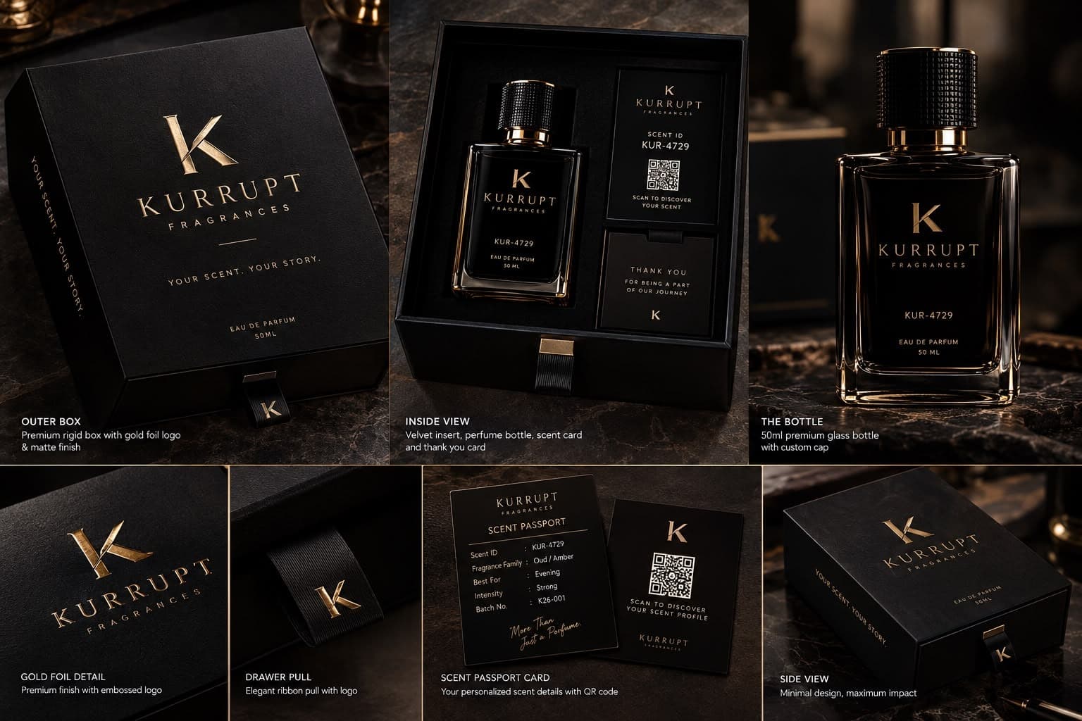 Kurrupt bottle, luxury packaging and Scent Passport