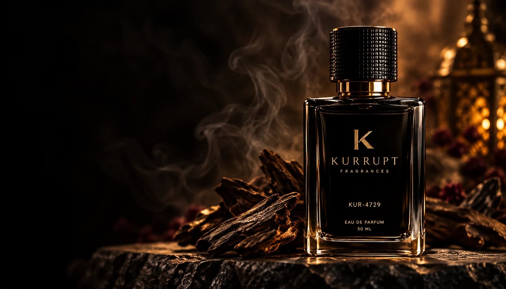 Kurrupt fragrance among warm oud wood and gold light